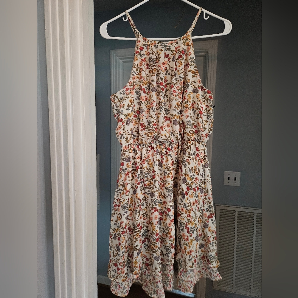 Blue Rain White with Colorful Floral Print Spaghetti Strap Dress